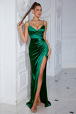 Dark Green Spaghetti Straps Sheath Satin Formal Dress