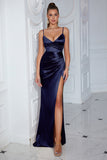Dark Green Spaghetti Straps Sheath Satin Formal Dress