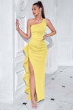 One Shoulder Sheath Ruched Yellow Formal Dress