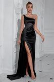 One Shoulder Sheath Ruched Black Formal Dress