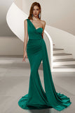 One Shoulder Mermaid Ruched Dark Green Formal Dress