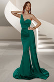 One Shoulder Mermaid Ruched Dark Green Formal Dress