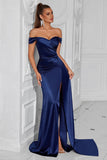 Off the Shoulder Satin Ruched Navy Formal Dress