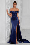 Off the Shoulder Satin Ruched Navy Formal Dress