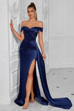Off the Shoulder Satin Ruched Navy Formal Dress