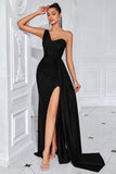 One Shoulder Ruched Black Formal Dress with Slit