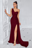 One Shoulder Ruched Black Formal Dress with Slit