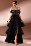 Off the Shoulder Tiered Sparkly Black Formal Dress