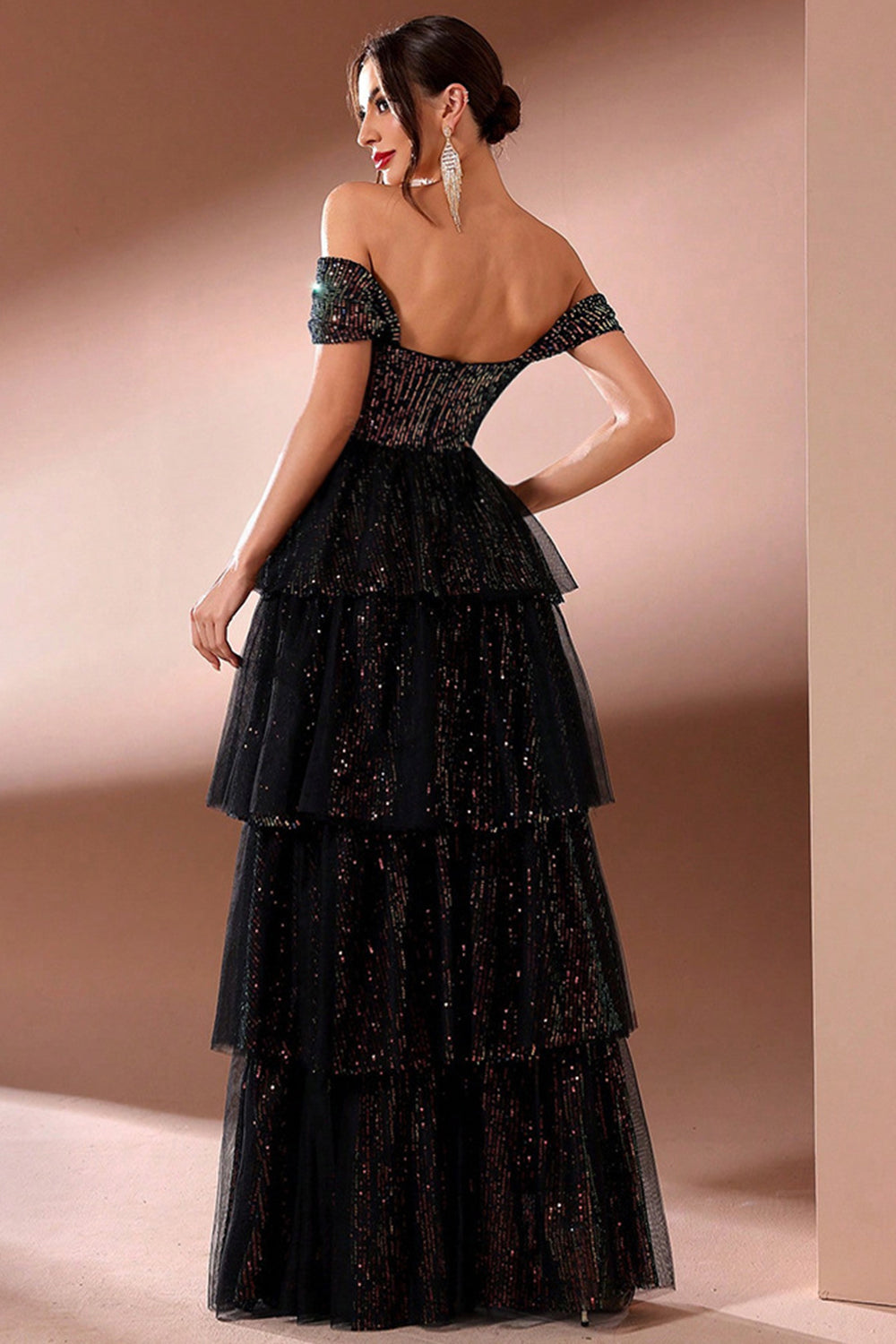 Off the Shoulder Tiered Sparkly Black Formal Dress