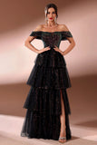 Off the Shoulder Tiered Sparkly Black Formal Dress