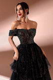 Off the Shoulder Tiered Sparkly Black Formal Dress