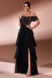Off the Shoulder Tiered Sparkly Black Formal Dress