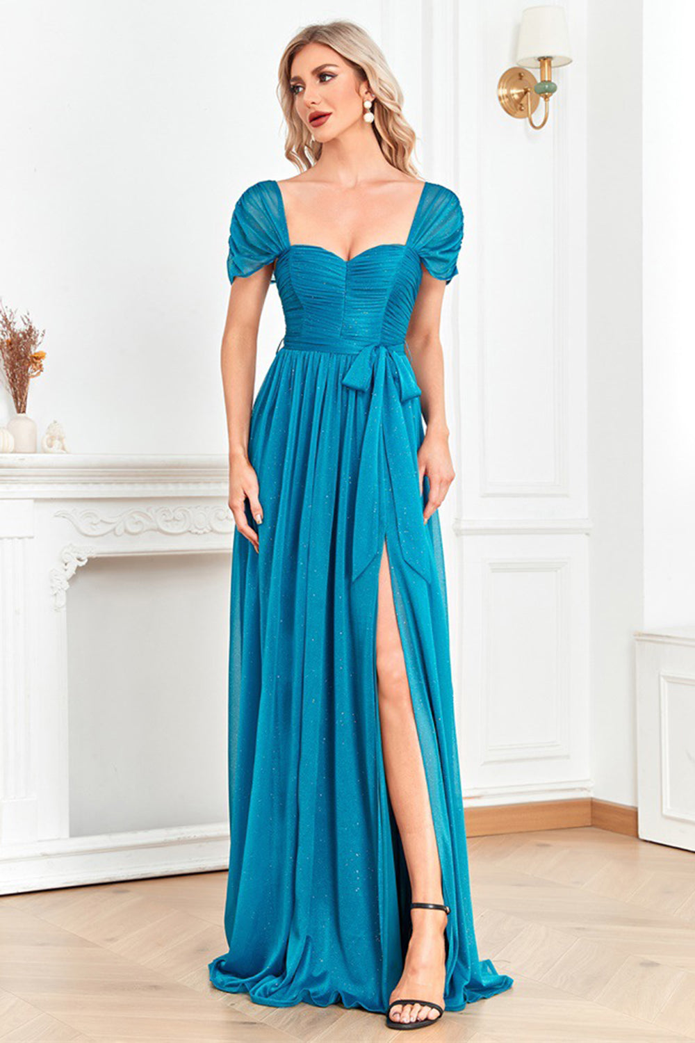 Blue A Line Ruched Formal Dress with Slit