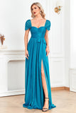 Blue A Line Ruched Formal Dress with Slit
