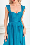 Blue A Line Ruched Formal Dress with Slit
