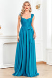 Blue A Line Ruched Formal Dress with Slit