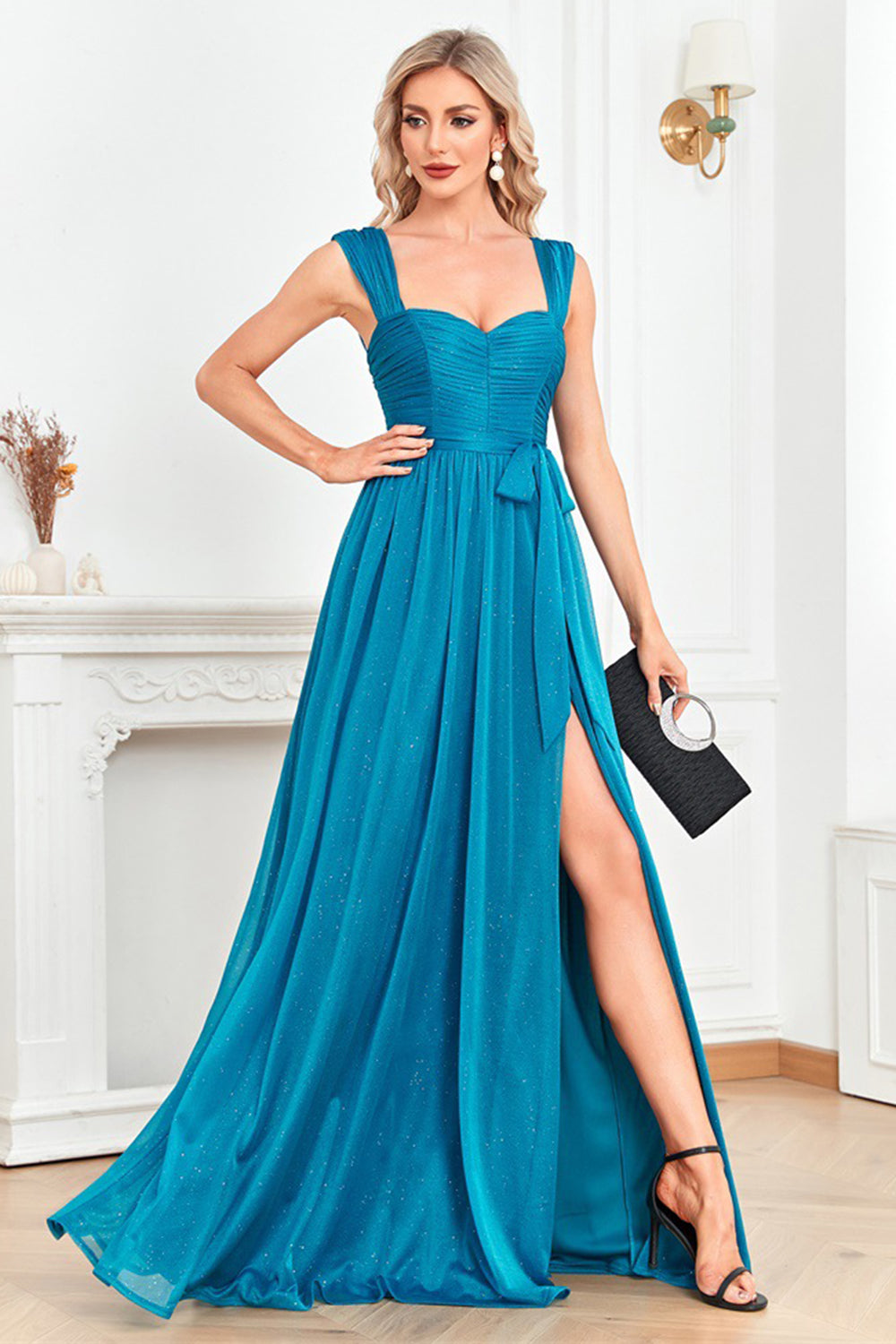 Blue A Line Ruched Formal Dress with Slit