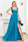 Blue A Line Ruched Formal Dress with Slit