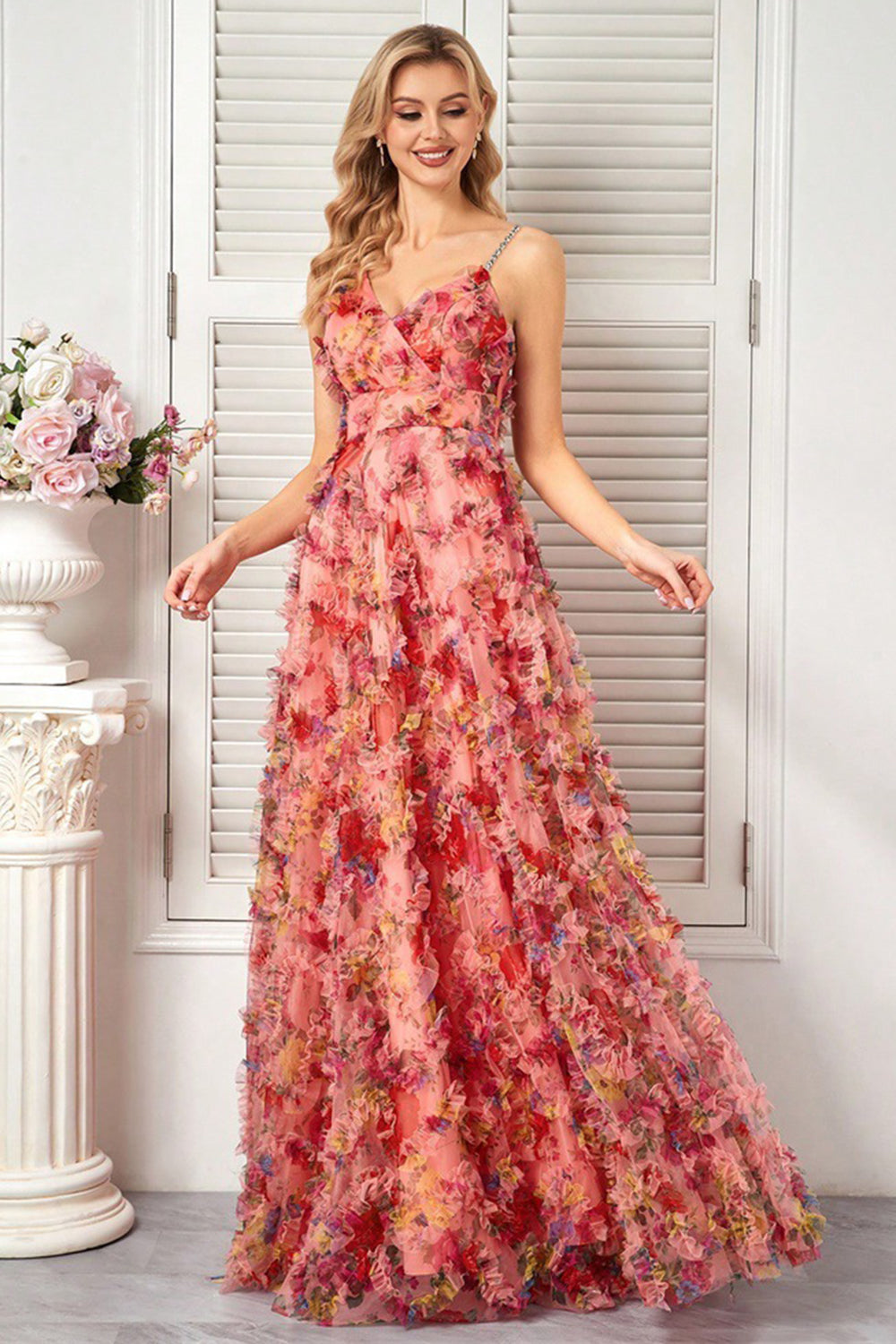 Blush Spaghetti Straps A Line Floral Evening Dress