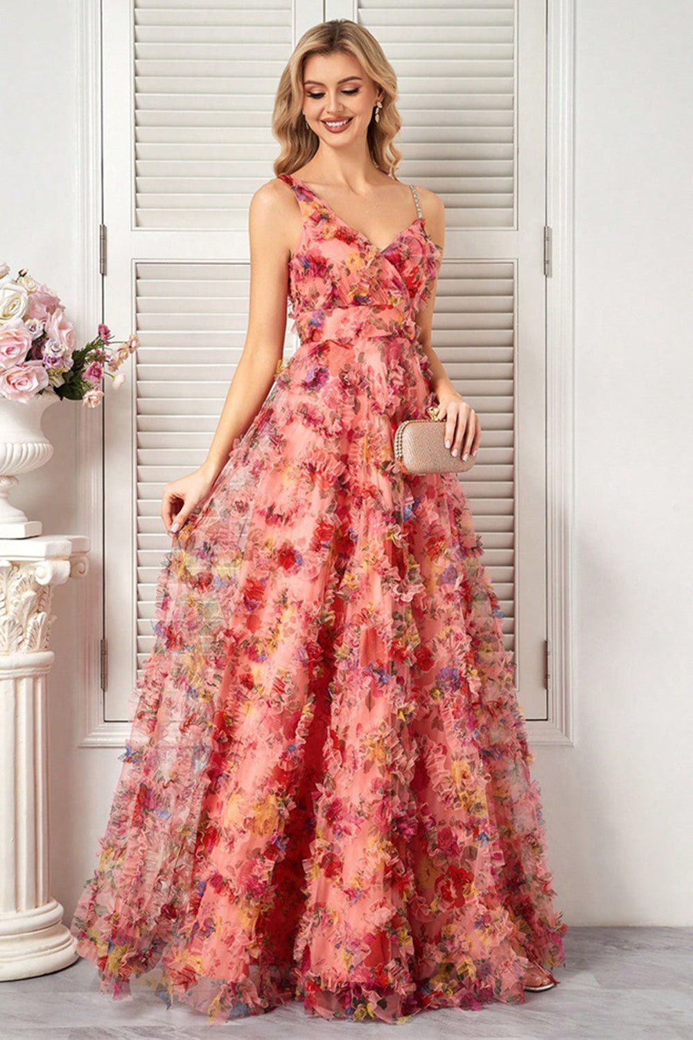 Blush Spaghetti Straps A Line Floral Evening Dress
