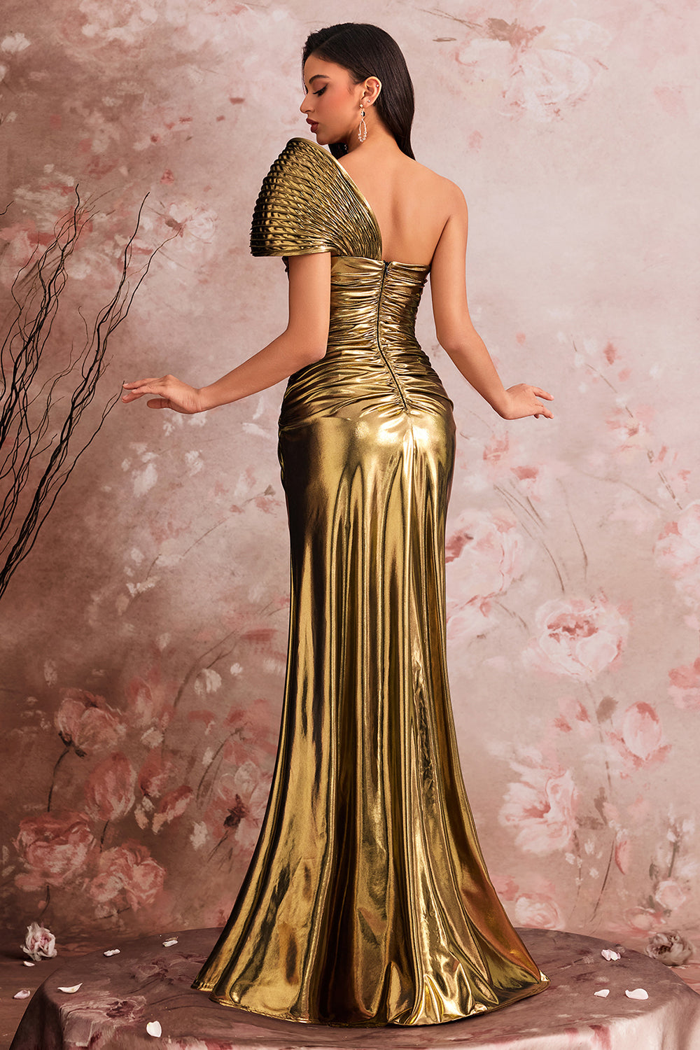 One Shoulder Mermaid Satin Golden Evening Dress