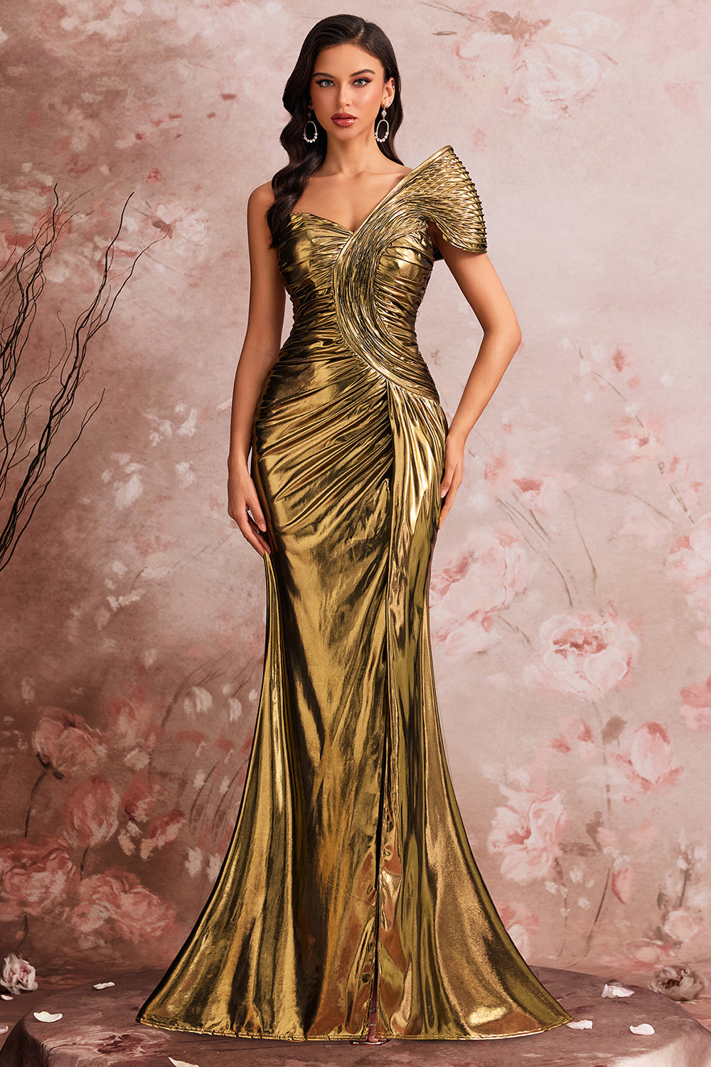 One Shoulder Mermaid Satin Golden Evening Dress