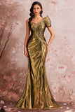One Shoulder Mermaid Satin Golden Evening Dress