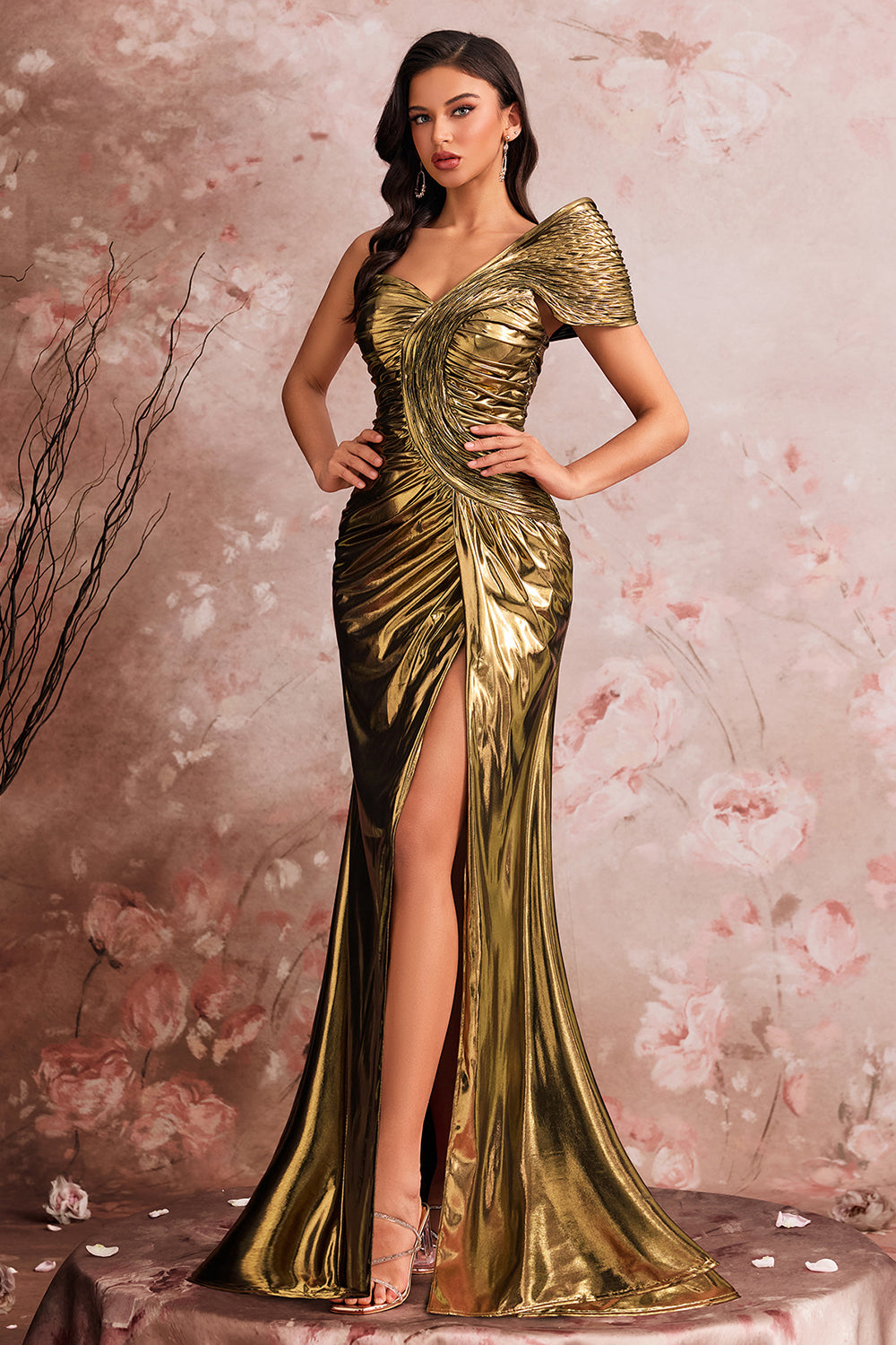 One Shoulder Mermaid Satin Golden Evening Dress