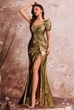 One Shoulder Mermaid Satin Golden Evening Dress