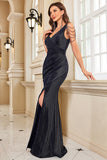 Mermaid Glitter Spaghetti Straps Black Formal Dress