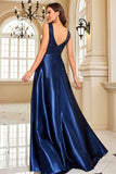 Navy Satin V-Neck Ruched A Line Formal Dress