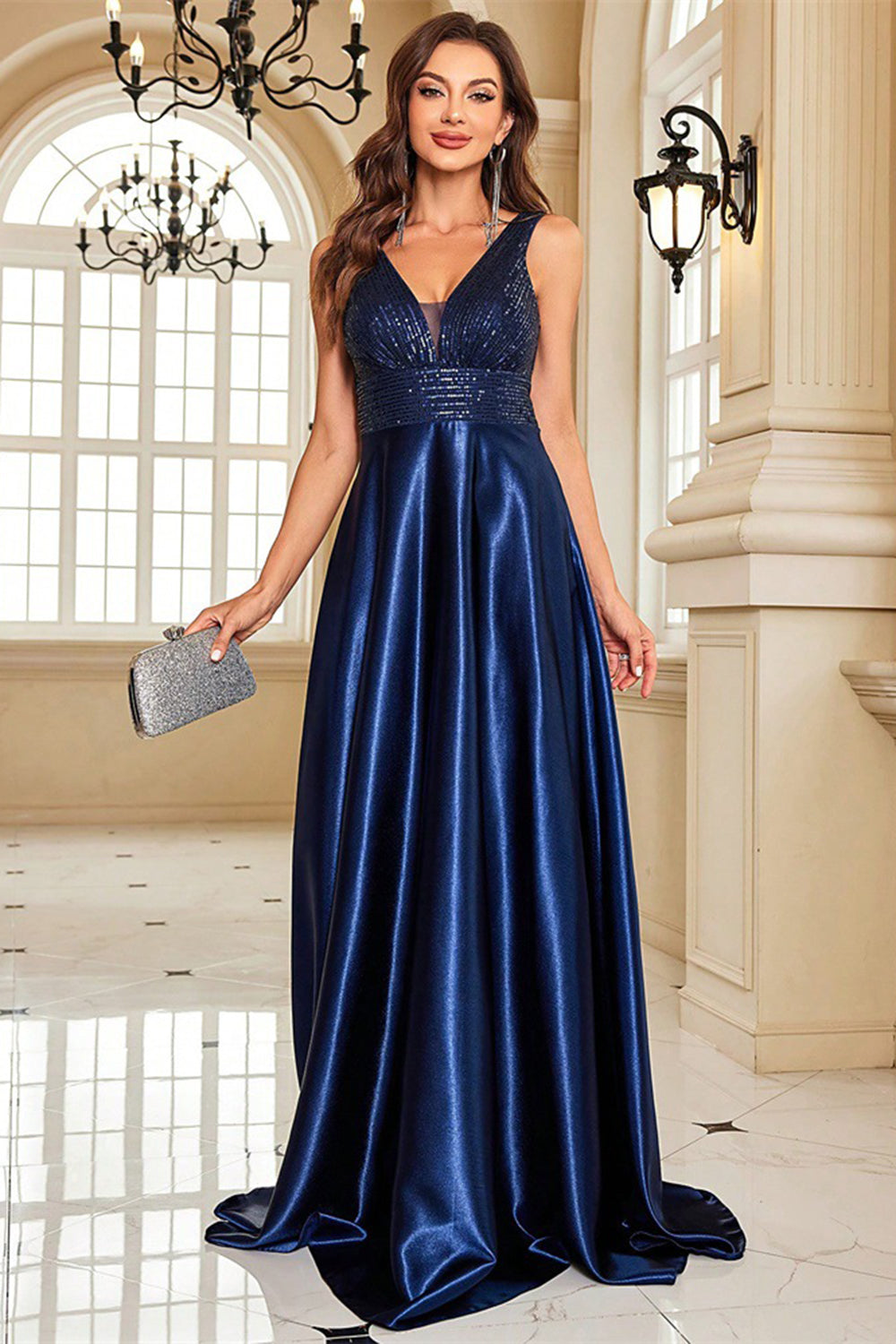 Navy Satin V-Neck Ruched A Line Formal Dress