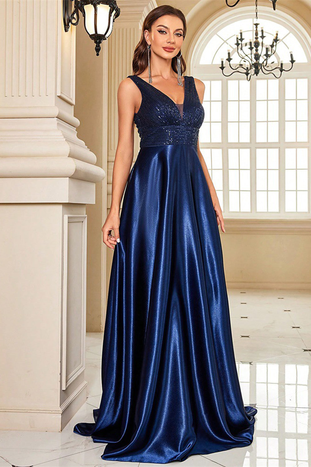 Navy Satin V-Neck Ruched A Line Formal Dress