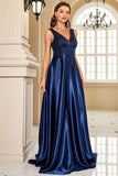 Navy Satin V-Neck Ruched A Line Formal Dress