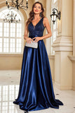 Navy Satin V-Neck Ruched A Line Formal Dress