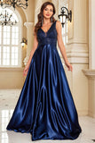 Navy Satin V-Neck Ruched A Line Formal Dress