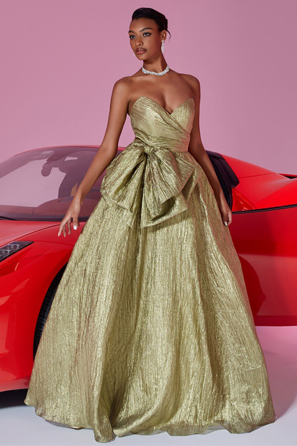 Strapless A Line Bowed Golden Evening Dress