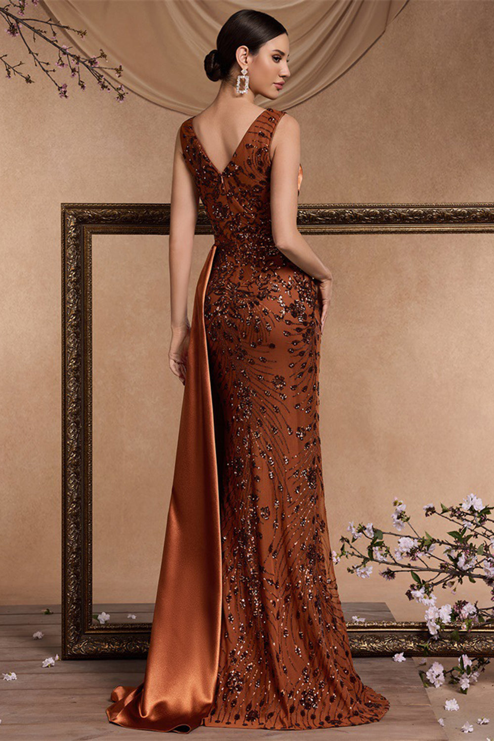 Brown Mermaid Appliqued Ruched Formal Dress