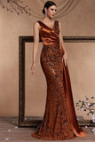 Brown Mermaid Appliqued Ruched Formal Dress