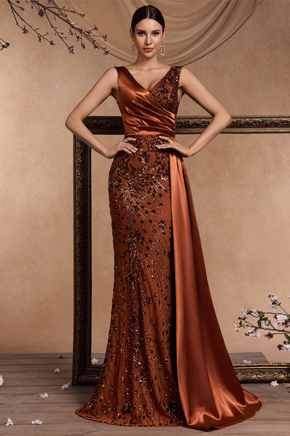 Brown Mermaid Appliqued Ruched Formal Dress