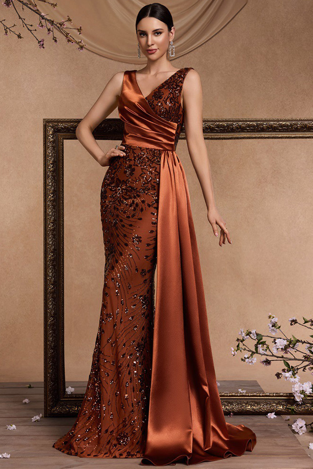 Brown Mermaid Appliqued Ruched Formal Dress