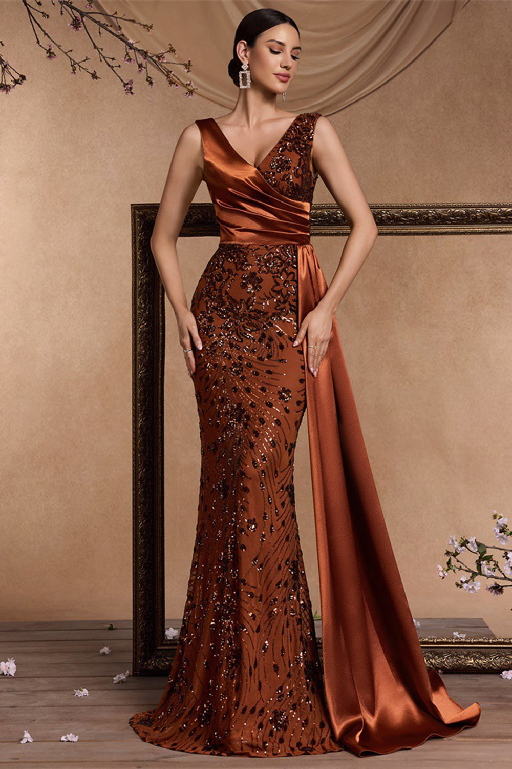 Brown Mermaid Appliqued Ruched Formal Dress