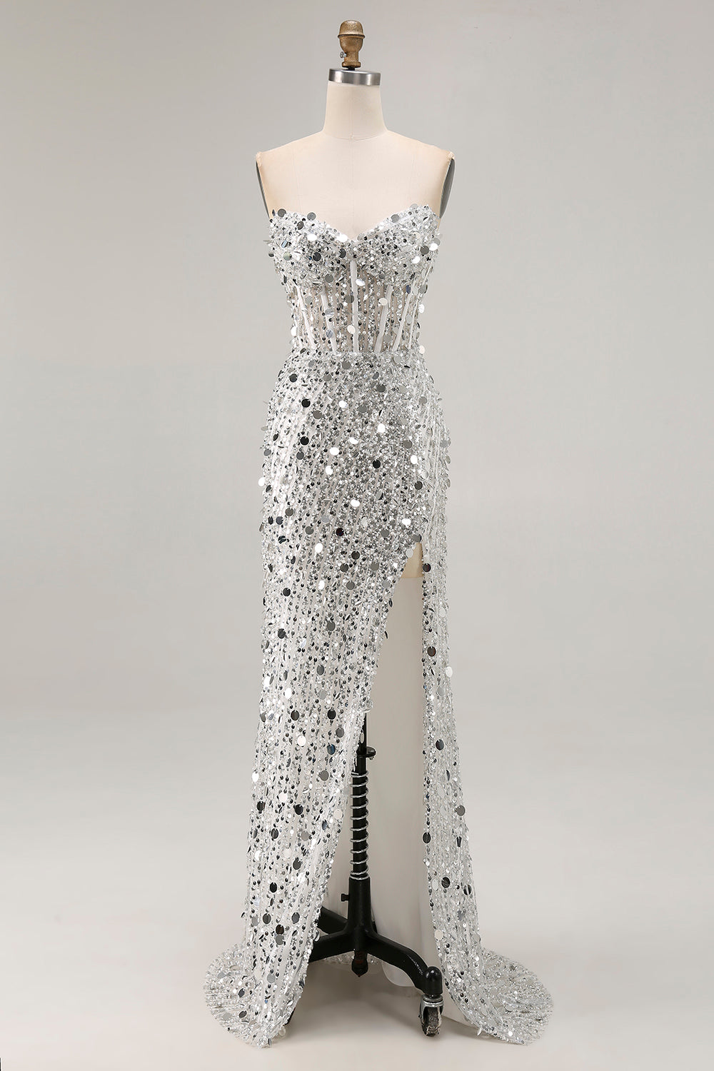 Silver Strapless Corset Sequin Beaded Prom Dress