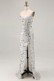 Silver Strapless Corset Sequin Beaded Prom Dress