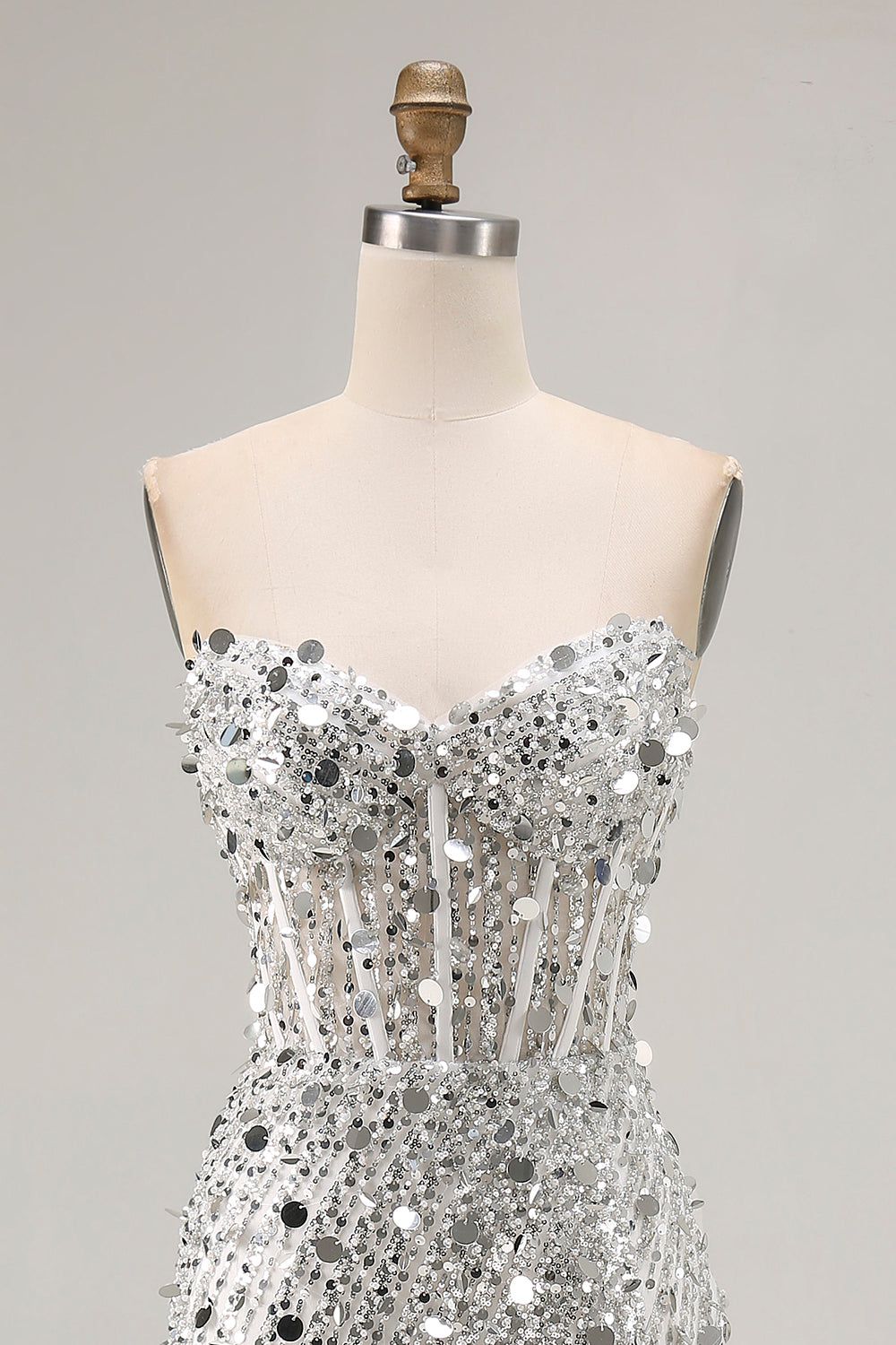 Silver Strapless Corset Sequin Beaded Prom Dress