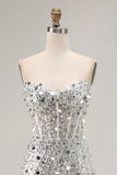 Silver Strapless Corset Sequin Beaded Prom Dress