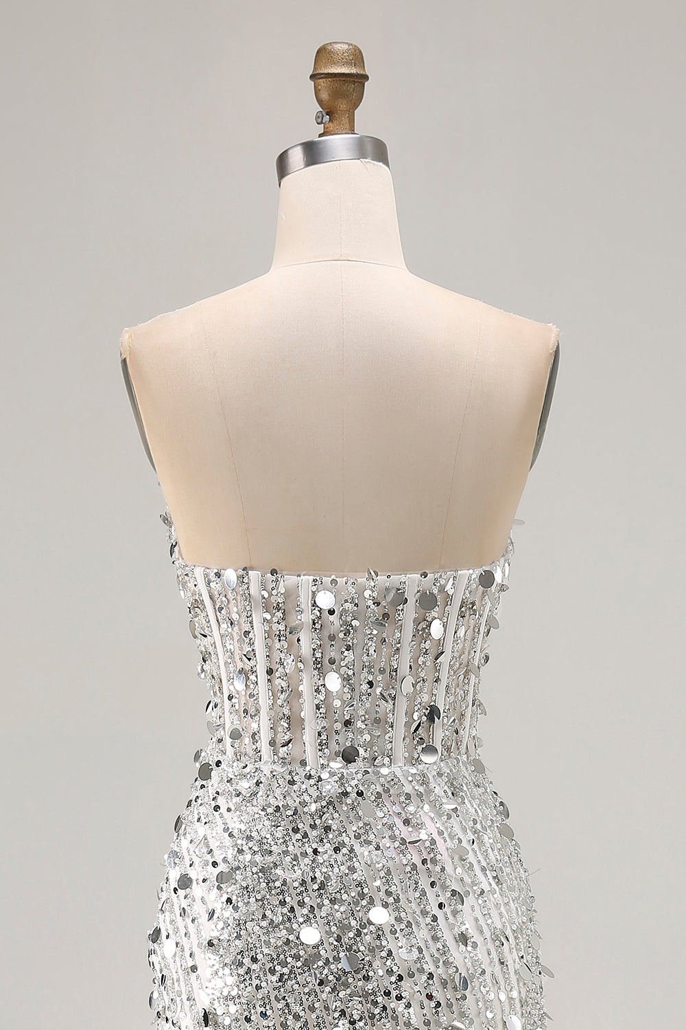 Silver Strapless Corset Sequin Beaded Prom Dress