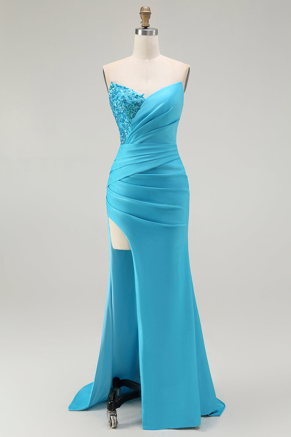 Strapless Mermaid Ruched Blue Prom Dress
