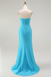 Strapless Mermaid Ruched Blue Prom Dress