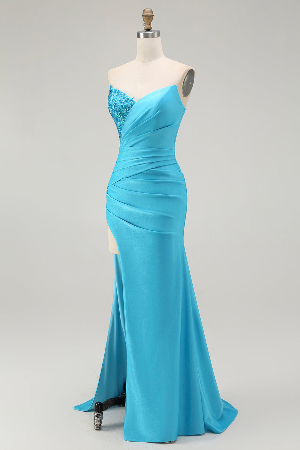Strapless Mermaid Ruched Blue Prom Dress